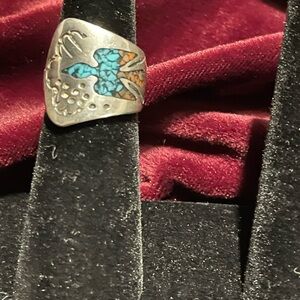Sterling Silver and Turquoise Ring with Colorful Bird Design size 5